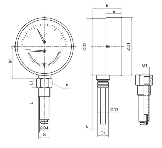 Термоманометр Росма ТМТБ-41Р.1 (0-150°C) (0-1MПa) G1/2 2,5, корпус 100мм, тип - ТМТБ-41Р.1, длина клапана 46мм, до 150°С, радиальное присоединение, 0-1MПa, резьба G1/2, класс точности 2.5