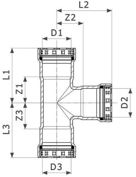 Тройник переходной Viega Megapress с SC-Contur Дн3/4″x1/2″x3/4″ Ру16 стальной оцинкованный, присоединение - пресс