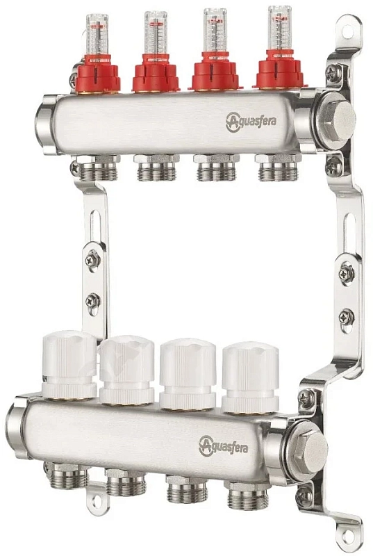 Группа коллекторная Aquasfera 9503 Ду25 Ру6 внутренняя резьба, выходов 4х3/4″ наружная резьба под евроконус с регулирующими клапанами и расходомерами, нержавеющая сталь