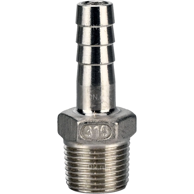 Штуцер елочка BF32-T-1/2-13 1/2″х13мм Ду15 Ру16 шланговый, корпус - нержавеющая сталь AISI 316 (CF8M), присоединение - наружная резьба/штуцер
