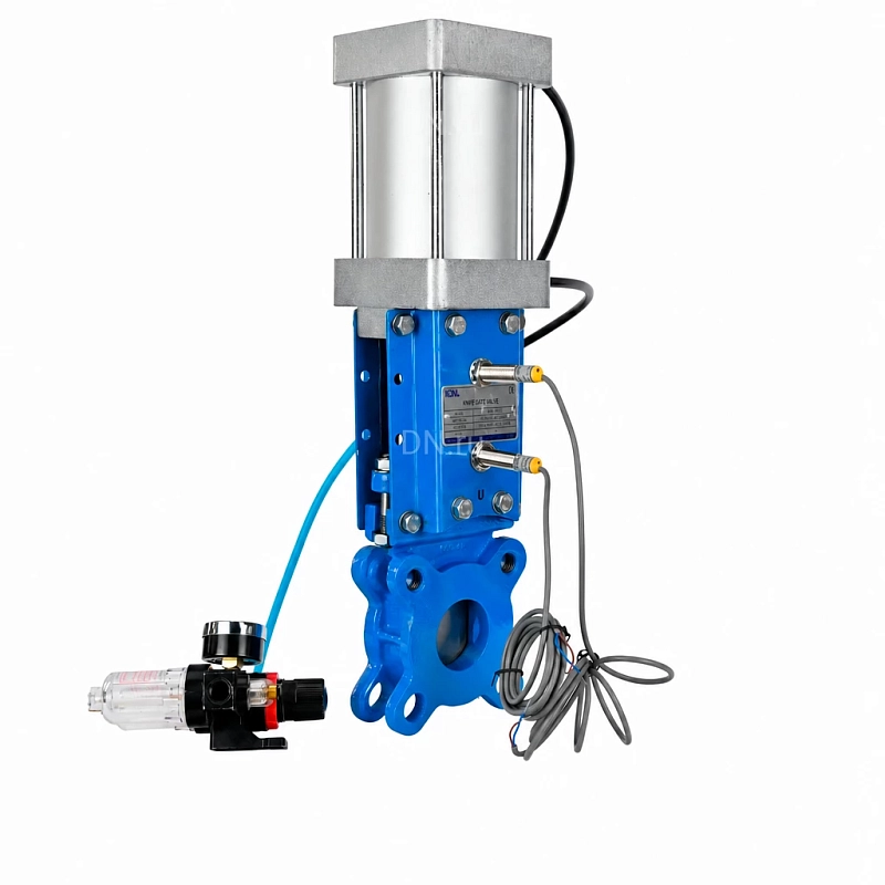 Задвижка шиберная Ду250 Ру10 WENZ межфланцевая, шток - выдвижной, корпус - чугун GGG40, шибер - нерж.сталь 304, уплотнение - EPDM, с пн.приводом, пн.распред 4V210-08 DC24V, индукц.датчиками LJ12A3-4-Z/EX 24В и БПВ AFC2000 (GVKR1331E-1W-Fb-2P)
